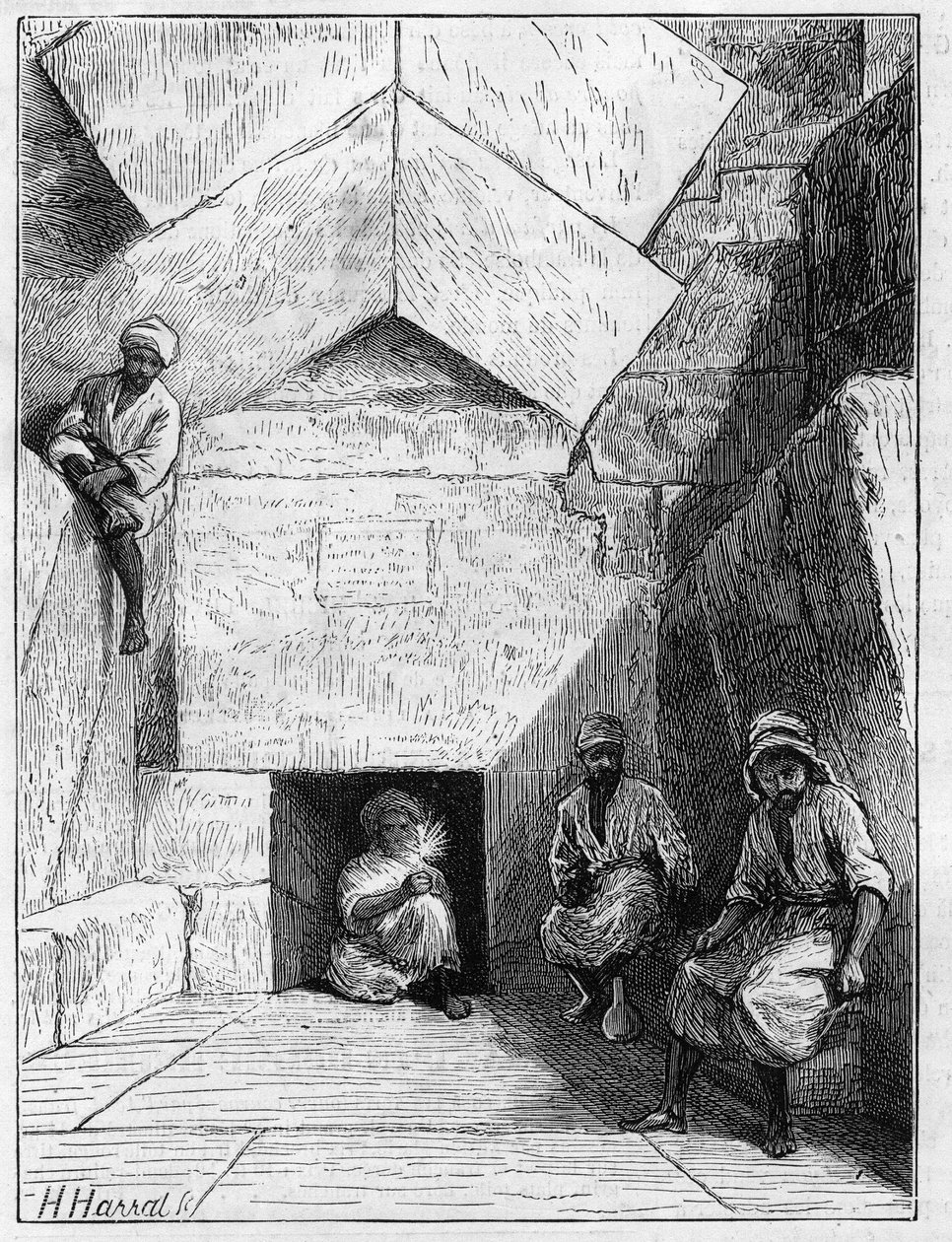 Vista da entrada para a pirâmide de Kheops (Cheops, Keops, Khoufu, Khufu) em Guizeh (Guiseh, Giza, Giza), Egito de Unknown artist