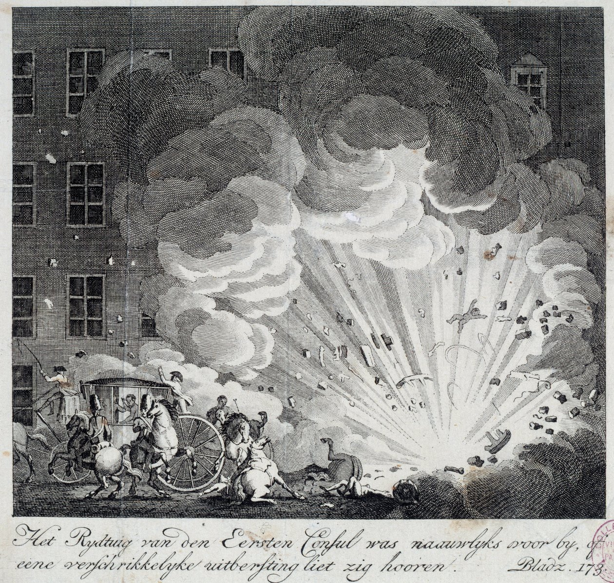 Vista da explosão da máquina infernal da rue Saint Nicaise, em Paris, no 3º nivose e IX. A conspiração da máquina infernal é uma conspiração para matar Napoleão Bonaparte, o novo Primeiro Cônsul após o golpe de Estado de 18 Brumaire. Um em de Unknown artist