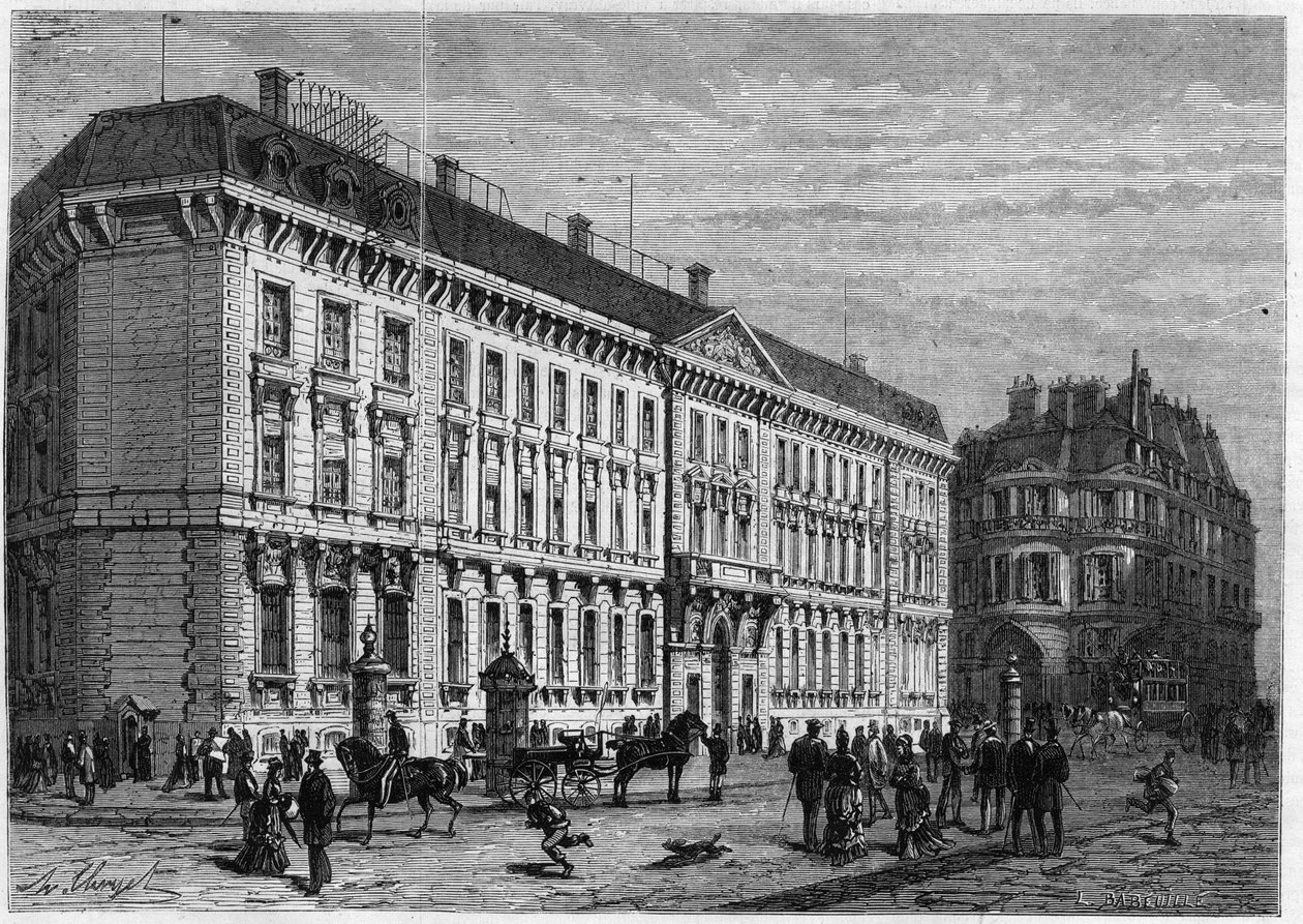 Vista da fachada do Banque de France construída por Gabriel Cretin (1812-1883) em Paris, rue Croix des petits champs de Unknown artist