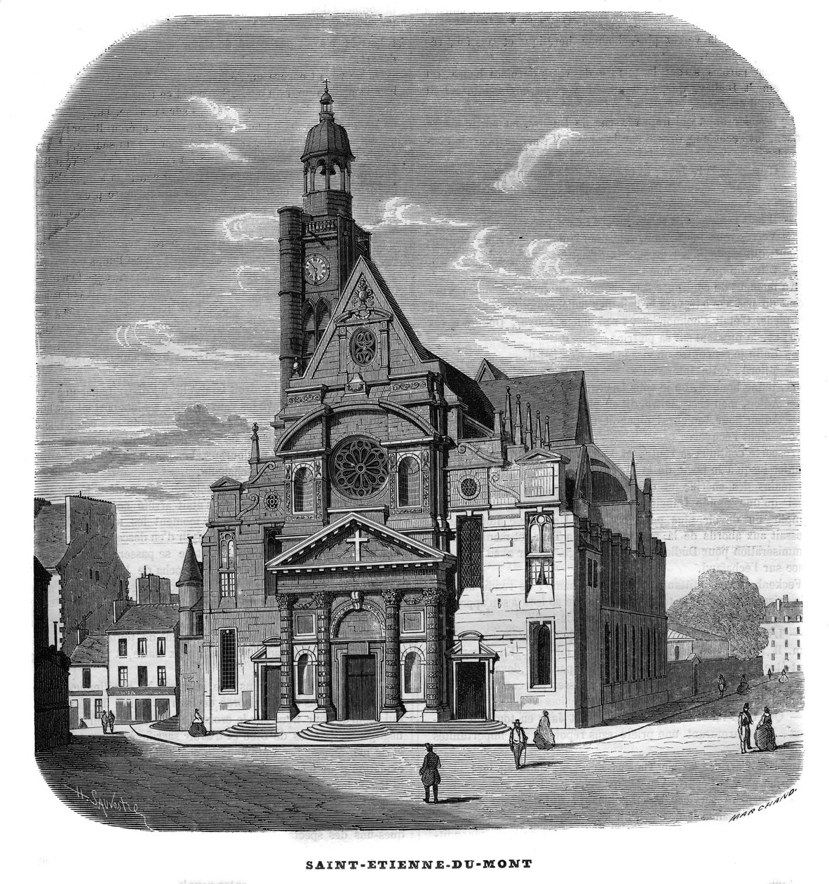 Vista da fachada da igreja de Saint-Etienne-du-Mont, Place Sainte-Genevieve (Saint Etienne du Mont), em Paris, no 5º arrondissement, em 1858. de Unknown artist