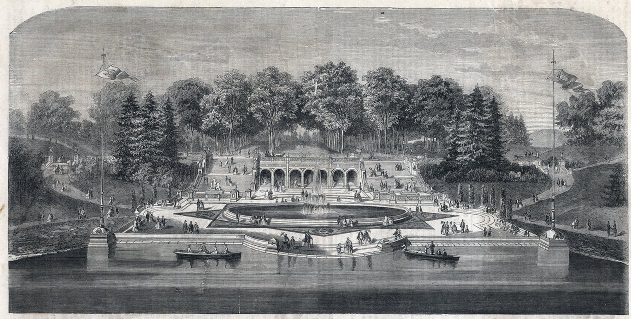 Vista do jardim "Central Park" em Nova Iorque, Estados Unidos. Arquitetura por Frederick Law Olmsted (1822-1903) e (1824-1895) no distrito de Manhattan. Gravura em "The Illustrious Universe" (O Universo Ilustre) de Unknown artist