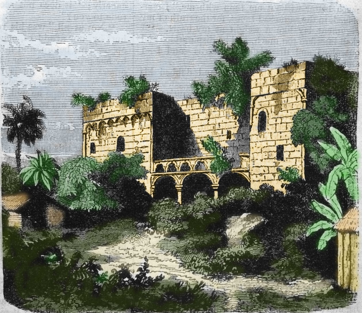 Vista da casa "Alcazar de Colón" construída por Cristóvão Colombo para seu filho Diego Colombo (Diego Colon y Moniz) (1480-1526), em uma ilha de Santo Domingo. Gravura do século XIX. de Unknown artist