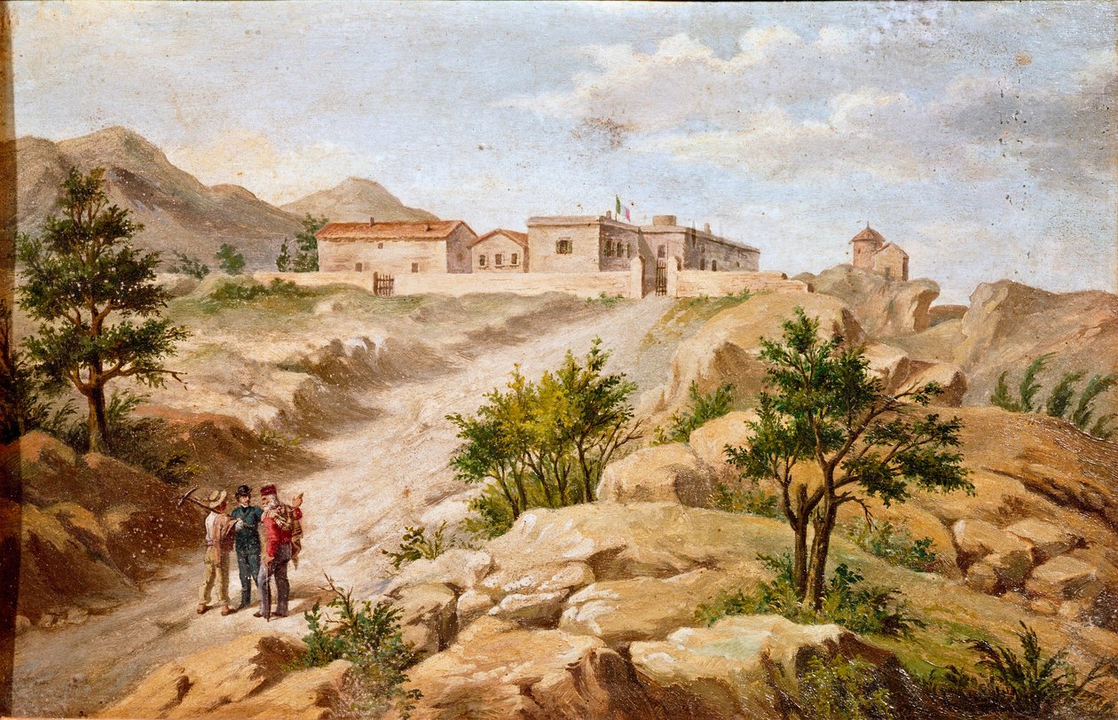 Vista da casa do patriota italiano e heróis do Risorgimento Giuseppe Garibaldi (1807-1882) um Caprera (Sardenha) Garibaldi está com dois camponeses à esquerda da foto. Pintura anônima do século XIX Roma Museo del Risorgimento de Unknown artist