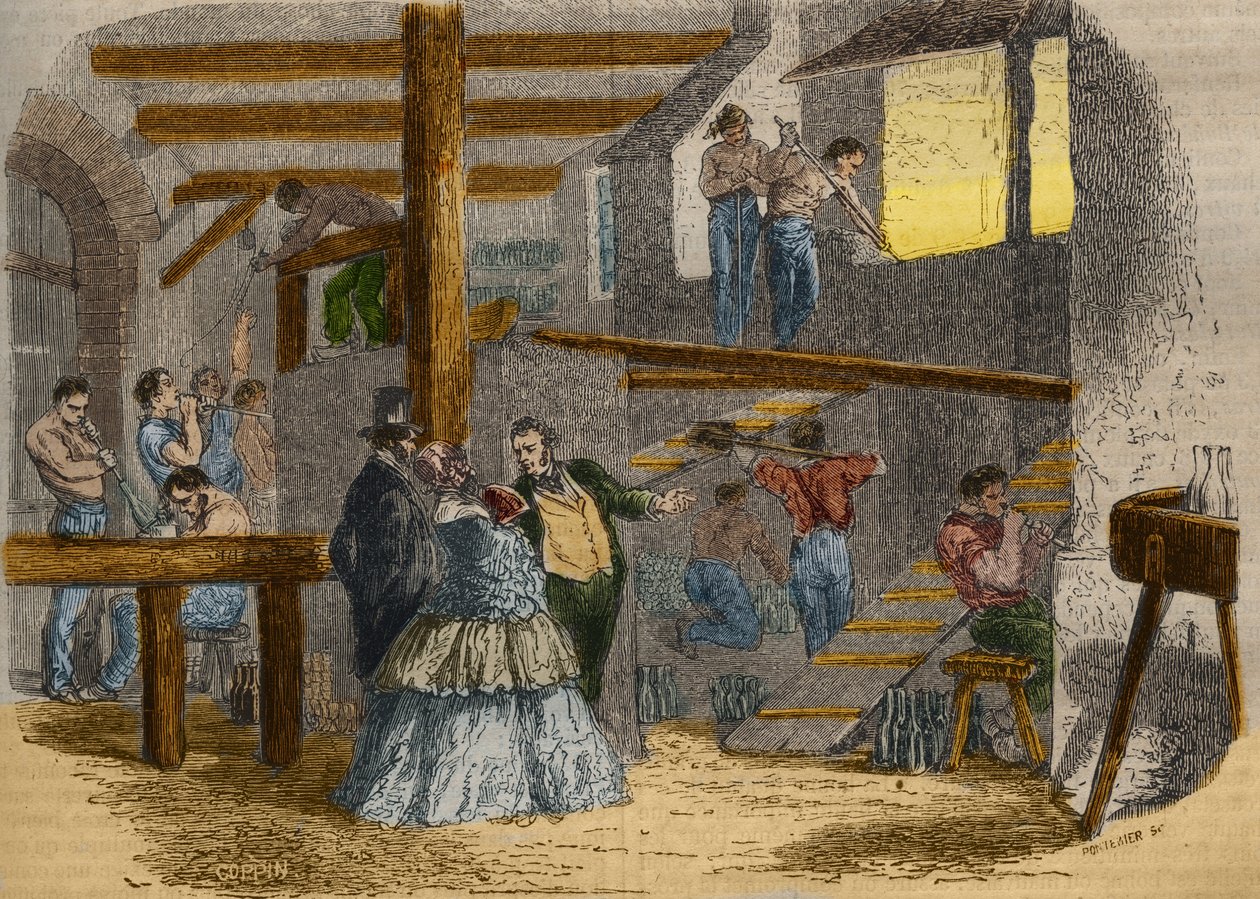 Vista do interior de uma vidraria com sopradores de vidro. Gravura de 1856 em "Le Musee Des Sciences". de Unknown artist