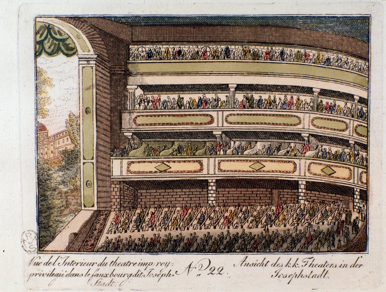 Vista do interior do Teatro Imperial no bairro de Josephstadt, em Viena. Áustria (Vista interior do teatro imperial no distrito de Josephstadt em Viena, Áustria) Gravura a partir de 1815 Colecção privada de Unknown artist
