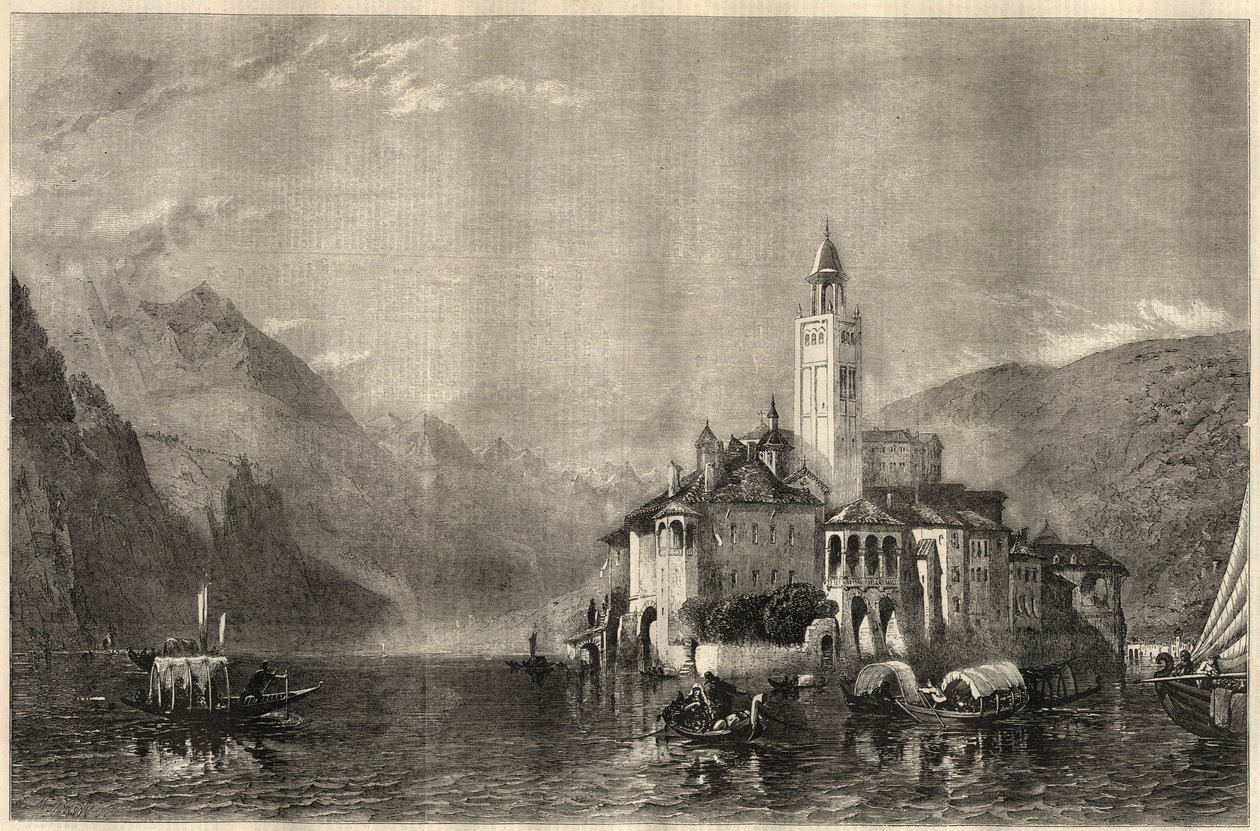 Vista do mosteiro Mater Ecclesiae na ilha de Saint Jules (San Giulio) no Lago Orta (Lago Cusio), na Itália. Gravura depois de uma pintura de William Collingwood Smith (1815-1887). Em "The Illustrated London News" de 22 de março de Unknown artist