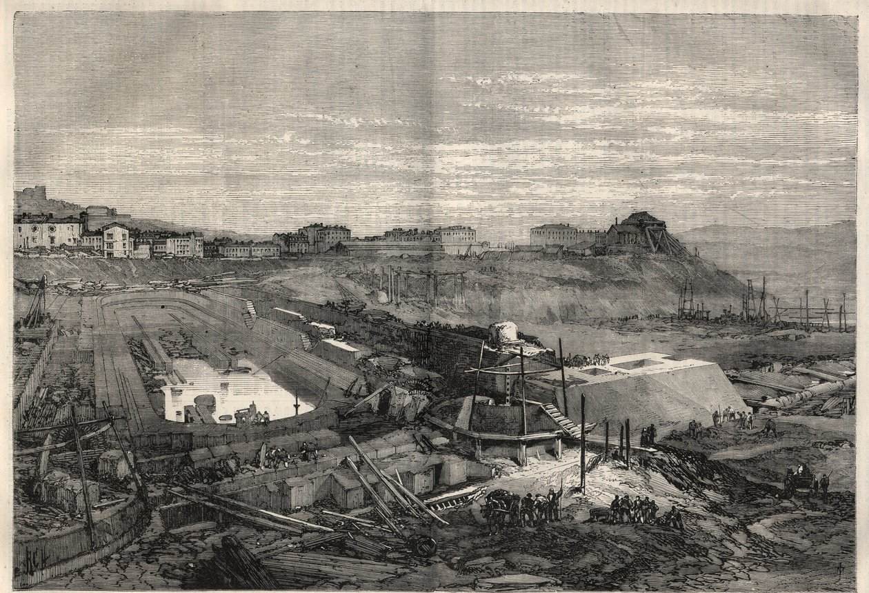 Vista das novas docas construídas pelo governo italiano no porto de La Spezia. Gravura em "L