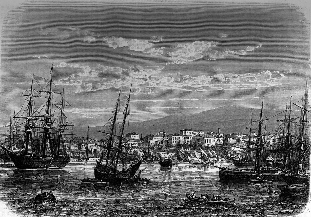 Vista do porto de Piree, na Grécia. Gravura no "The Journal of Youth". de Unknown artist