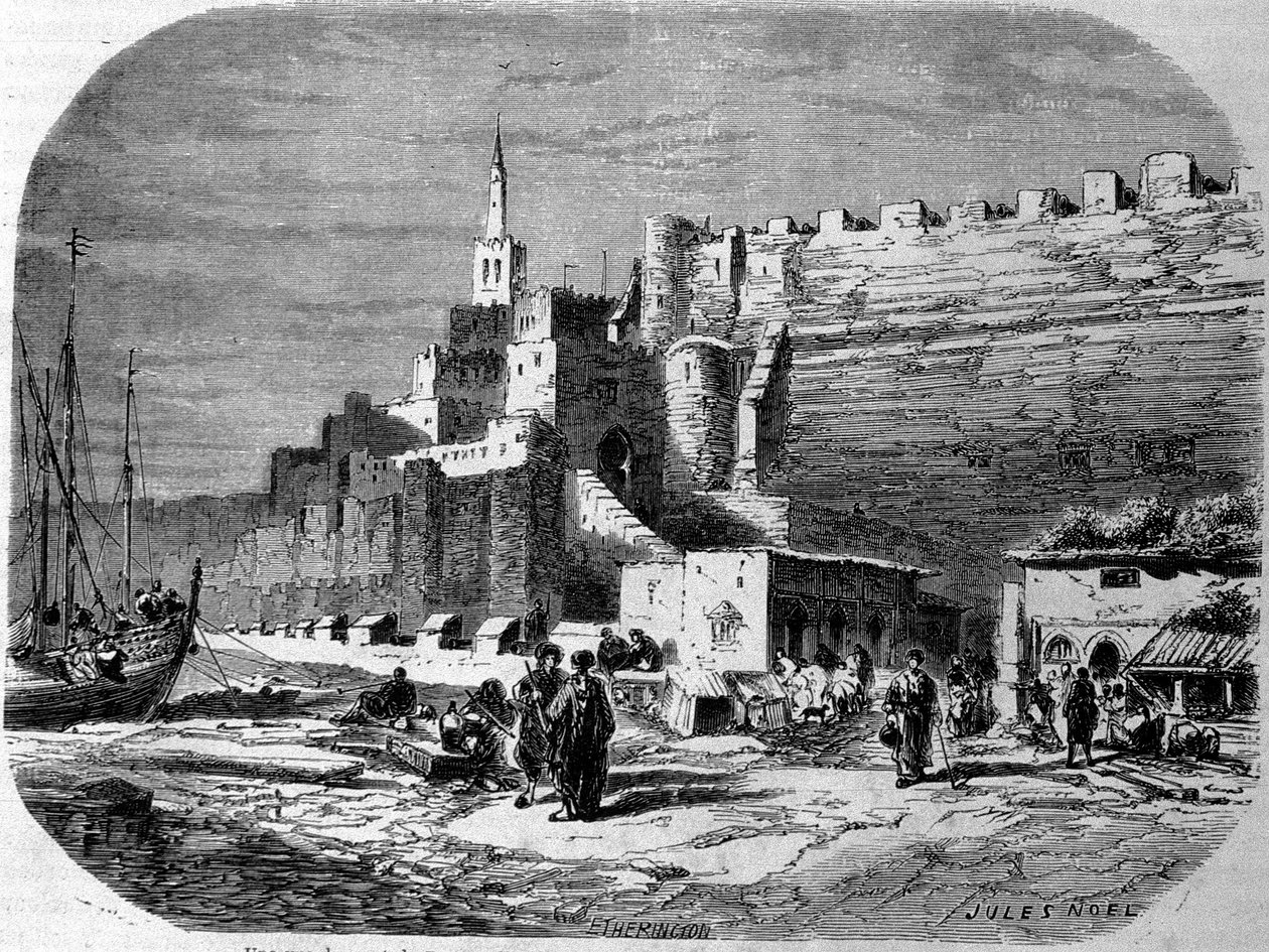 Vista do porto da cidade fortificada de Tânger e da costa, Marrocos. Gravura a partir de 1860. de Unknown artist