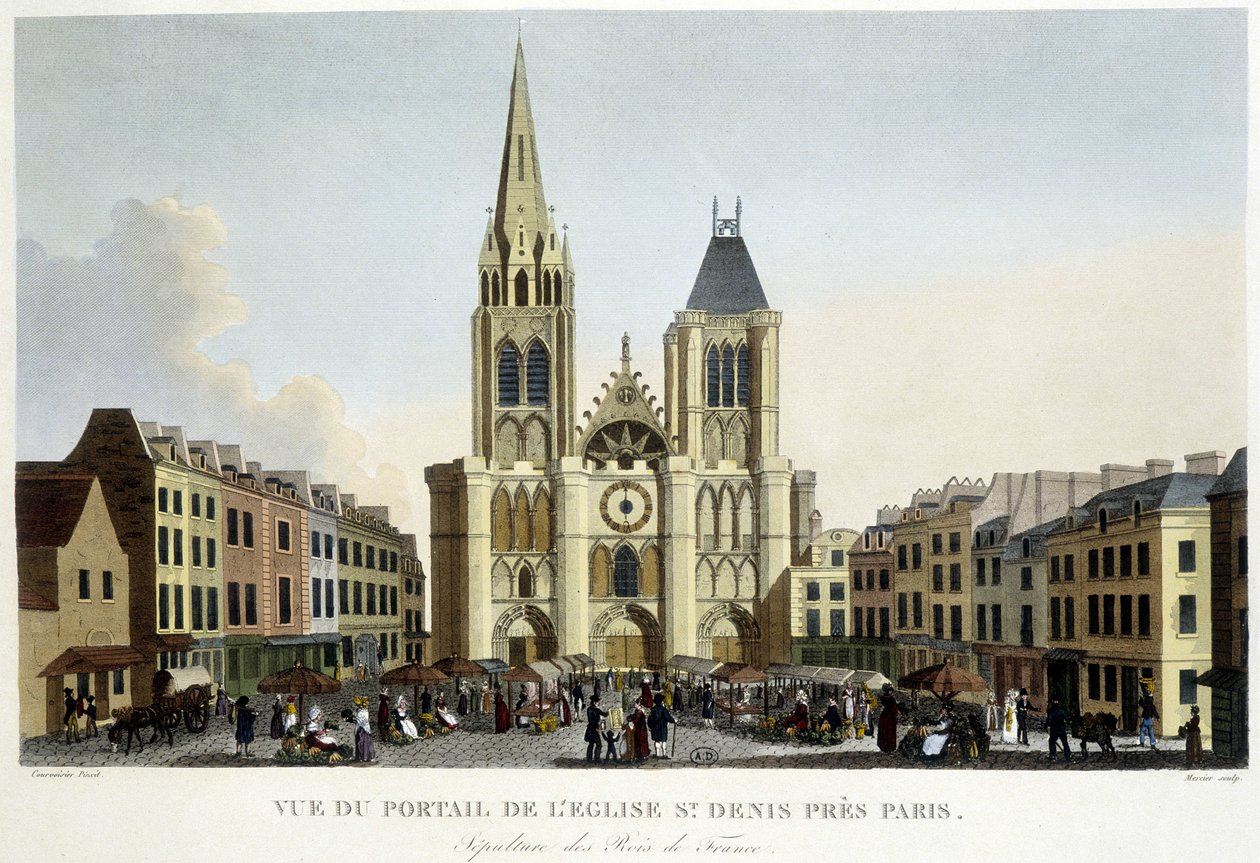 Vista do portal da igreja de Saint Denis, perto de Paris, sepultamento dos reis da França e mercado na praça - em "Paris par Courvoisier". de Unknown artist