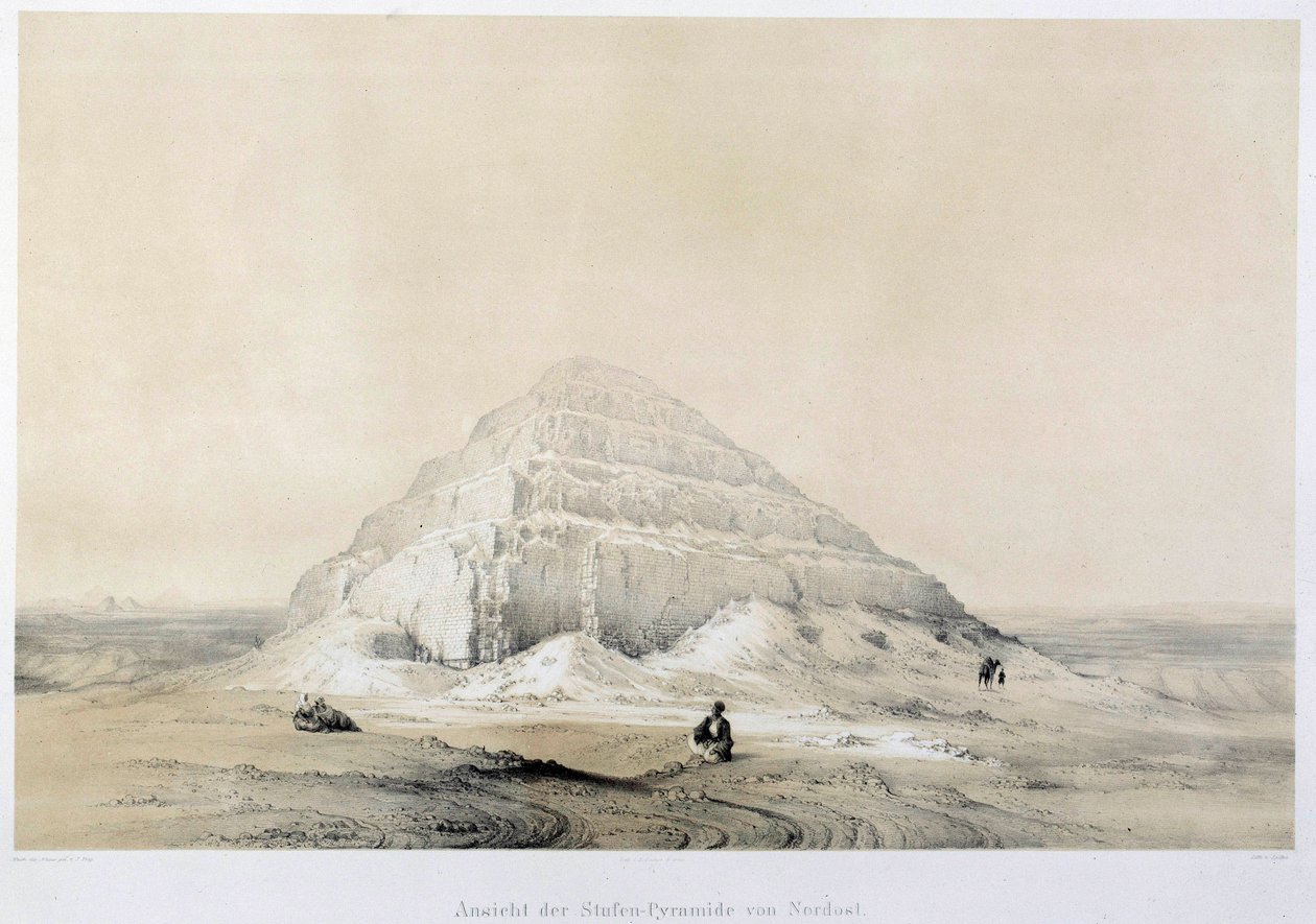 Vista da pirâmide de Saqqqarah (Sakkarah). Egito. Ilustração da Paris do século XIX, colégio da França. de Unknown artist
