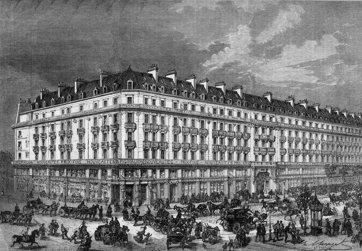 Vista das lojas da "Pygmalion" rue de Rivoli e boulevard Sebastopol em Paris, em 1872. de Unknown artist