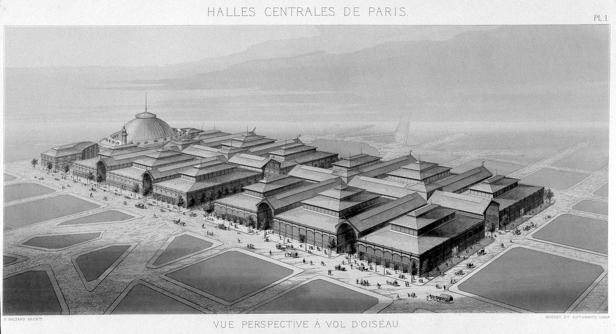 Vista do céu dos pavilhões centrais de Paris (pavilhões Balard) - Monograph of the Central Halles of Paris, de V. Balard de Unknown artist