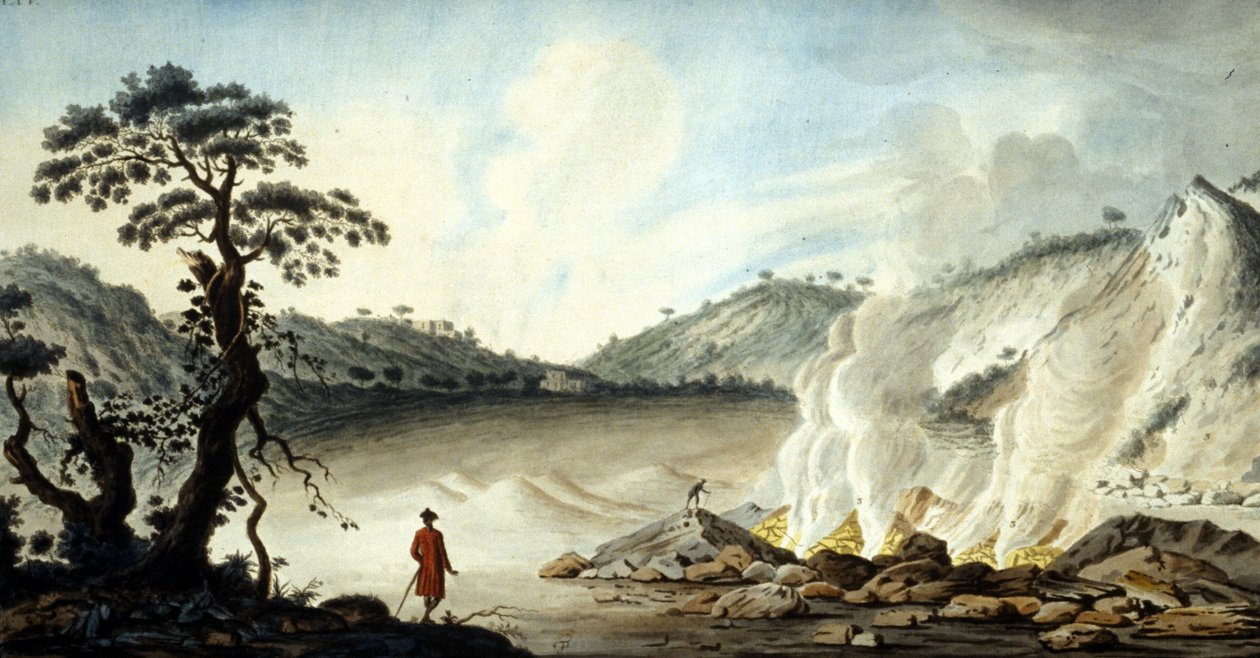 Vista do solfatare, terreno vulcânico que emana de fumos quentes e gases sulfurosos. Pozzuoli, perto de Nápoles. Século XIX. de Unknown artist