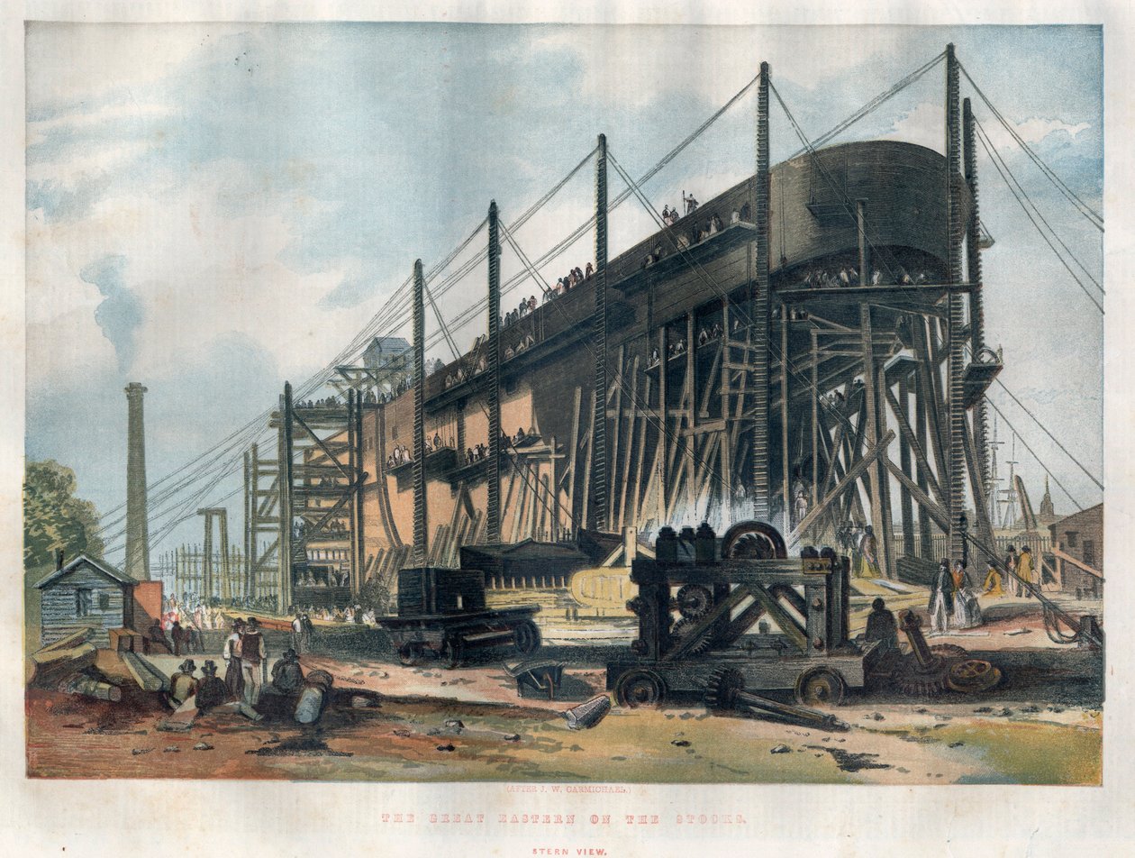 Vista da popa do transatlântico "Great Eastern" (Leviatã) em construção no estaleiro do Tamisa, em Londres. Gravura em "The London News", de 7 de Novembro de 1857, ilustrado. de Unknown artist