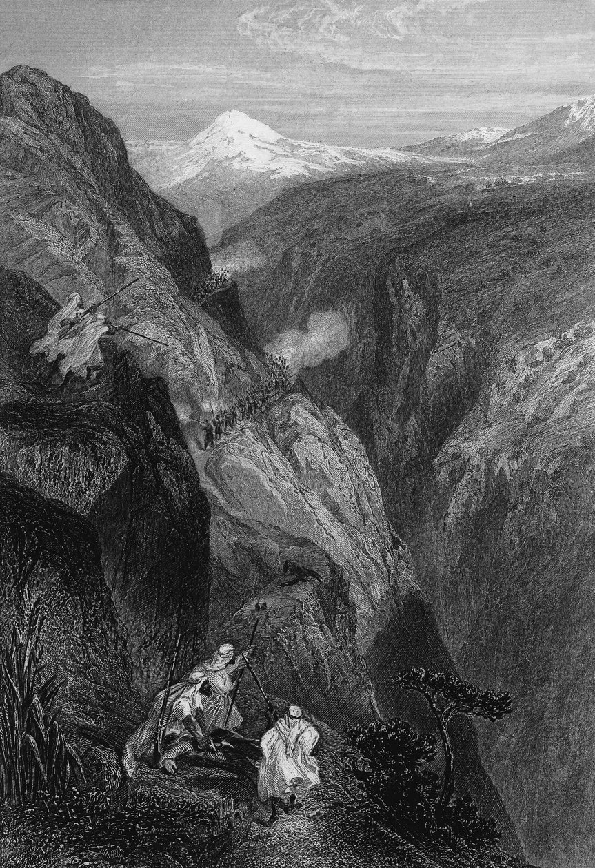 Vista do teniah de Mouzaìa, a passagem do Monte Atlas atravessado pelo exército francês em 1830, em Algerie, no século XIX, em "L