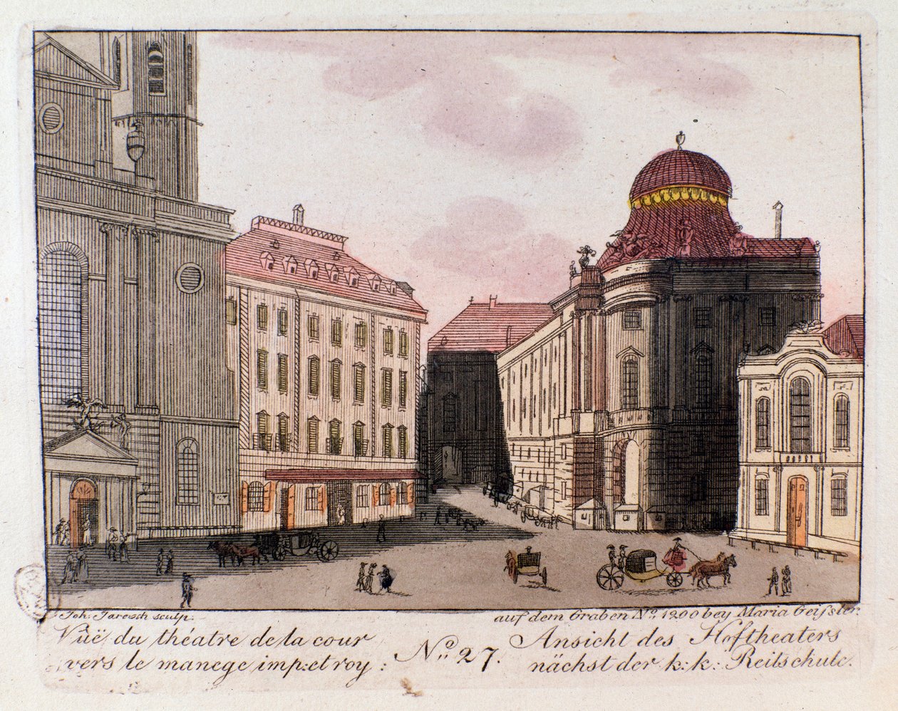 Vista do teatro e do pátio em direcção ao maneio imperial em Viena, Áustria. Gravura a partir de 1815 Coleção Privada de Unknown artist