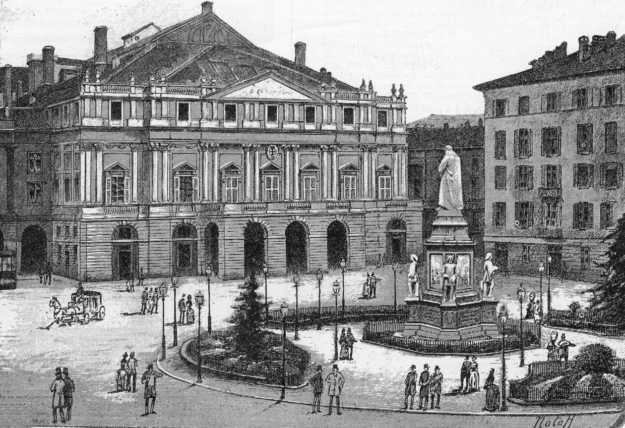 Vista do teatro de La Scala, em Milão, Itália. (Teatro alla Scala Milano) Gravura em "The Illustrous World" (O Mundo Ilustrado) de Unknown artist