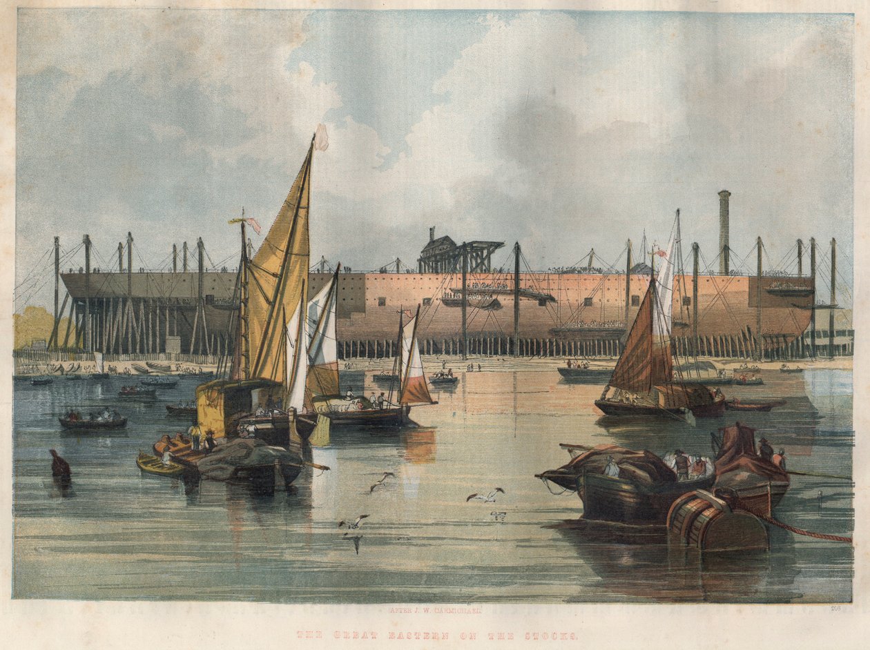 Vista do transatlântico "Great Eastern" (Leviatã) em construção no Estaleiro do Tamisa, em Londres. Gravura em "The London News", de 7 de Novembro de 1857, ilustrado. de Unknown artist