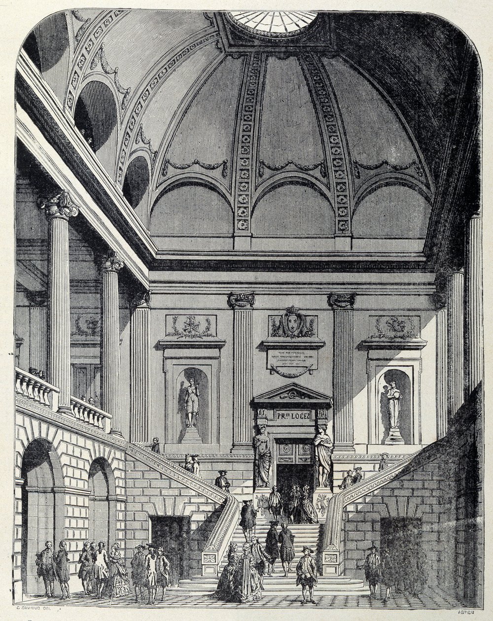 Vista do vestíbulo e da escadaria do teatro de Bordeaux sob Luís XV - em "França e os franceses através dos séculos". de Unknown artist