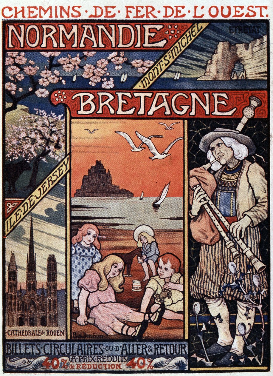 Vista da Normandia (Rouen e Etretat) e da Bretanha (Mont Saint Michel), crianças na praia e tocador de gaita-de-foles - cartaz publicitário da Railways de l