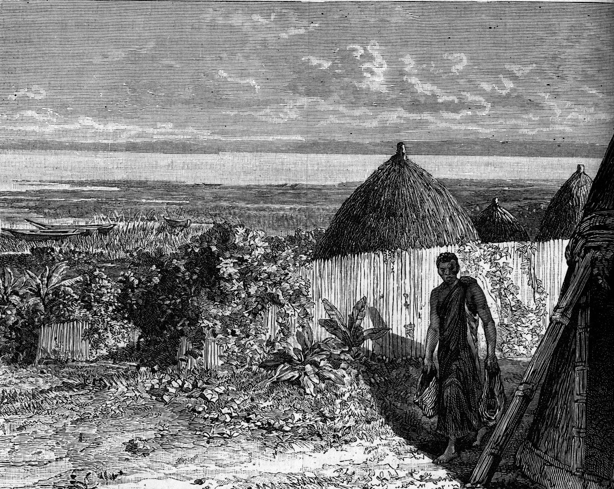 Aldeia nas margens do Lago Albert Nyanza (ou Lago Albert), África. Gravura no "Le Journal de la jeunesse". de Unknown artist
