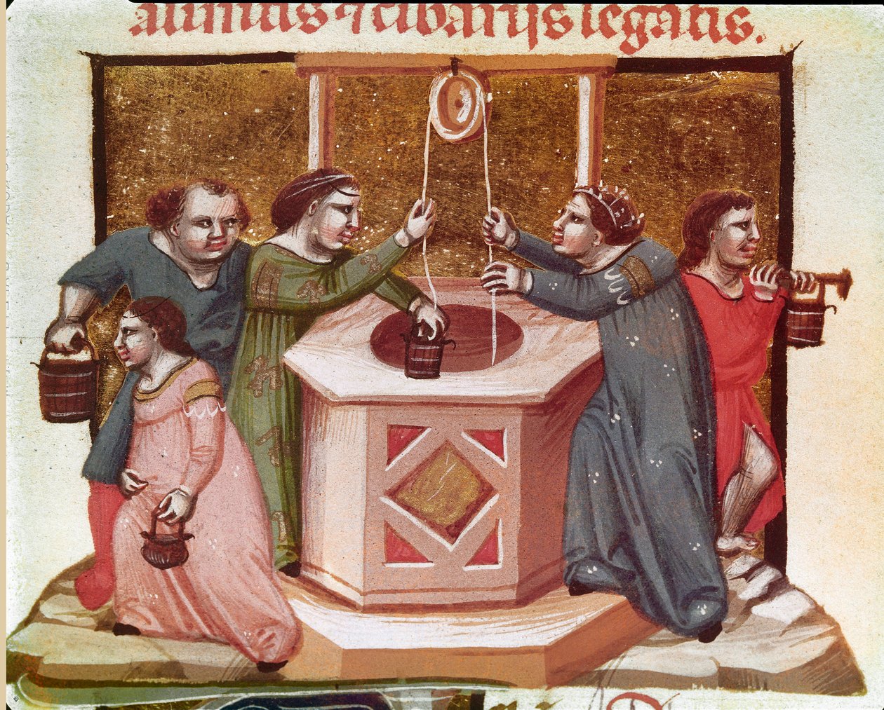 Aldeões arrastando água no poço Miniatura do Código Justiniano (Codex Justinianus), uma coleção de leis e instituições publicadas sob o Imperador Romano Justiniano I de Bizâncio (483-565) de Unknown artist