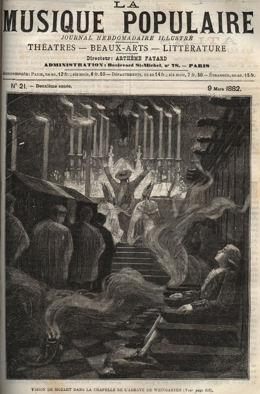 Visão de Wolfang Amadeus Mozart (1756-1791) na capela (grande órgão) da Abadia de Weingarten na Alemanha - gravura no ilustre jornal semanal "Música Popular" - 1882 de Unknown artist