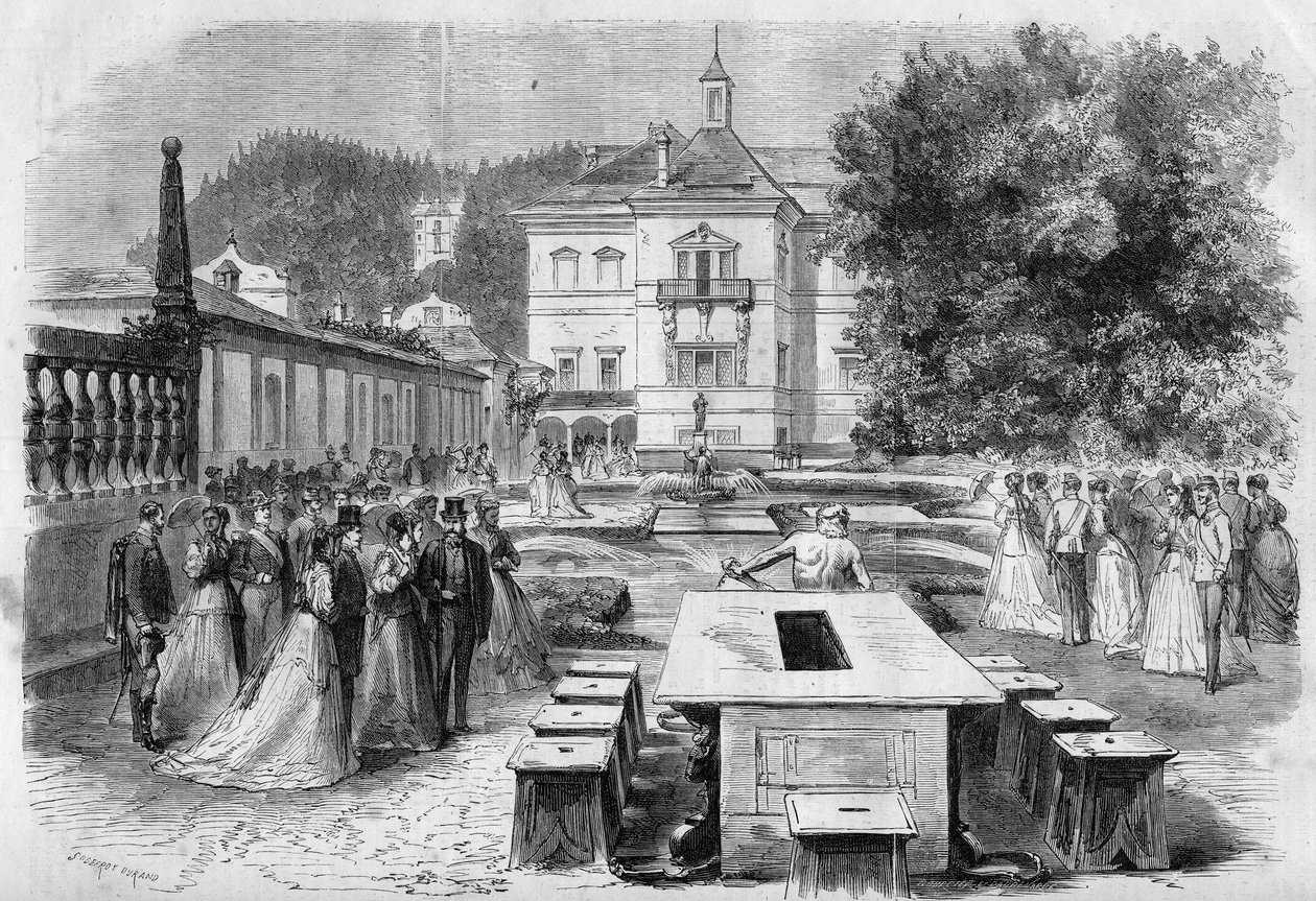 Visita do Imperador Francisco José (1830-1916) e Imprimir Isabel da Áustria (Sissi) (1837-1898) com Eugenia (1826-1920), Imprimir dos franceses e Napoleão III à residência imperial de Hellbrunn, na Áustria, em 21 de agosto de Unknown artist