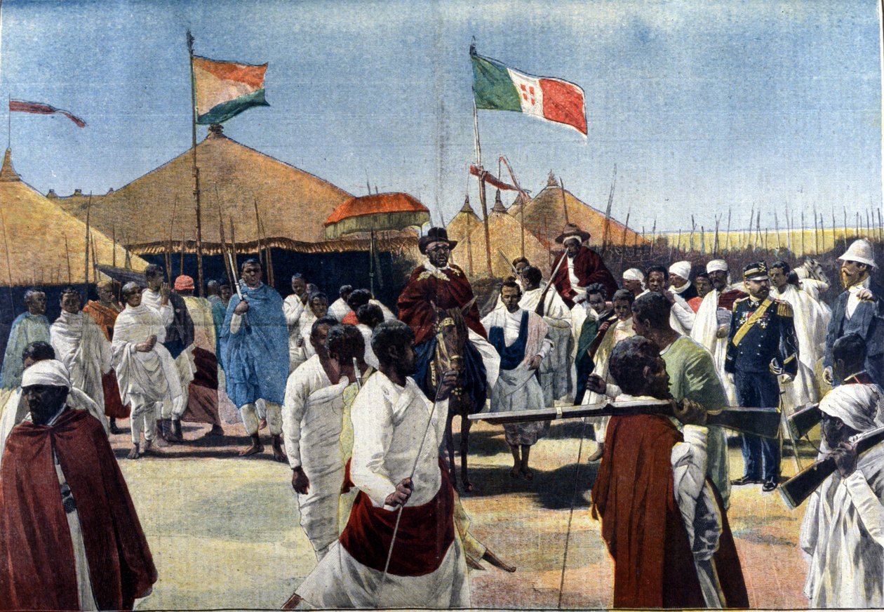Visita de Menelik II (1844-1913, Rei da Etiópia) ao Presidente da Plenipotenciária Italiana Ciccodicola de Unknown artist