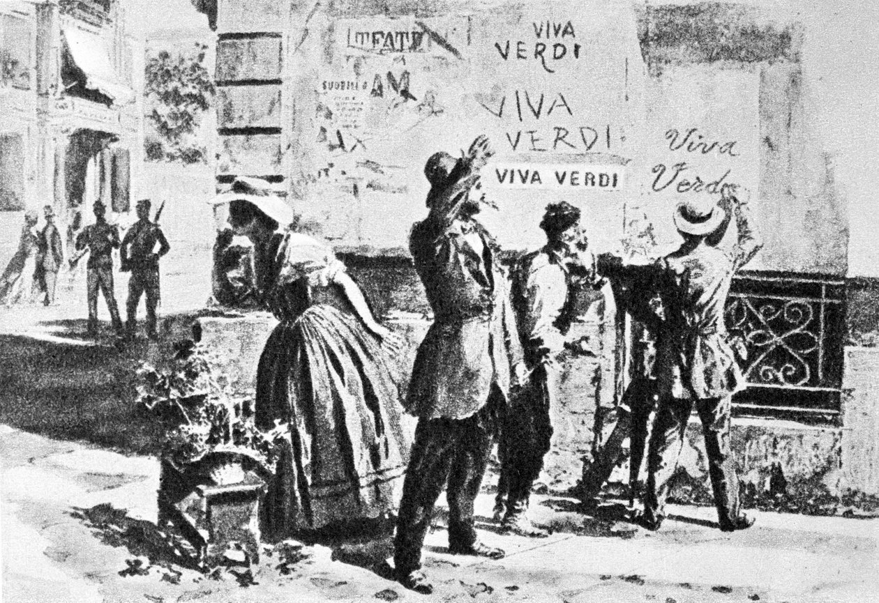 Viva Verdi: inscrições entusiastas para Giuseppe Verdi em Nápoles (reino das duas doenças) sob a ocupação austríaca em 1859, após a proibição da sua ópera "Un Ballo in maschera" (V.E.R.D.I. (VERDI) = Vittorio Emanuele Re d