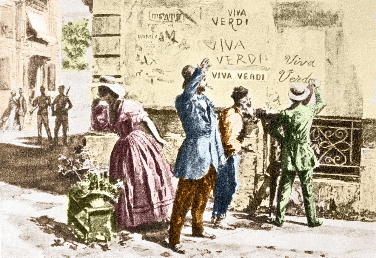 Viva Verdi: inscrições entusiastas para Giuseppe Verdi em Nápoles (reino das duas doenças) sob a ocupação austríaca em 1859, após a proibição da sua ópera "Un Ballo in maschera" (V.E.R.D.I. (VERDI) = Vittorio Emanuele Re d