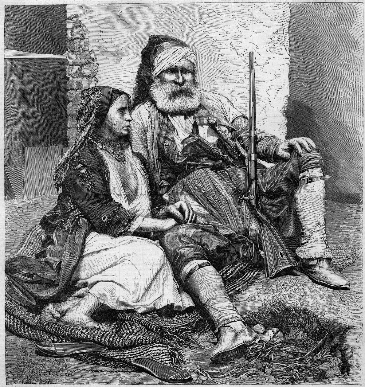 Tipos e trajes Vlach (Palicare e Gypsy). De uma fotografia de Ch. de Szathmari, de Bucareste. Gravura em "Le Monde Illustré" n°28 de 24 de outubro de Unknown artist