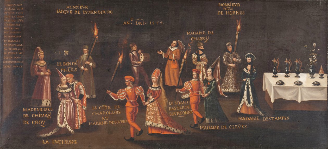 Voto do Faisão (Filipe o Bom e Isabel na Festa do Faisão em Lille em 1454), c. 1500- c.1599 (óleo sobre tela) de Unknown artist