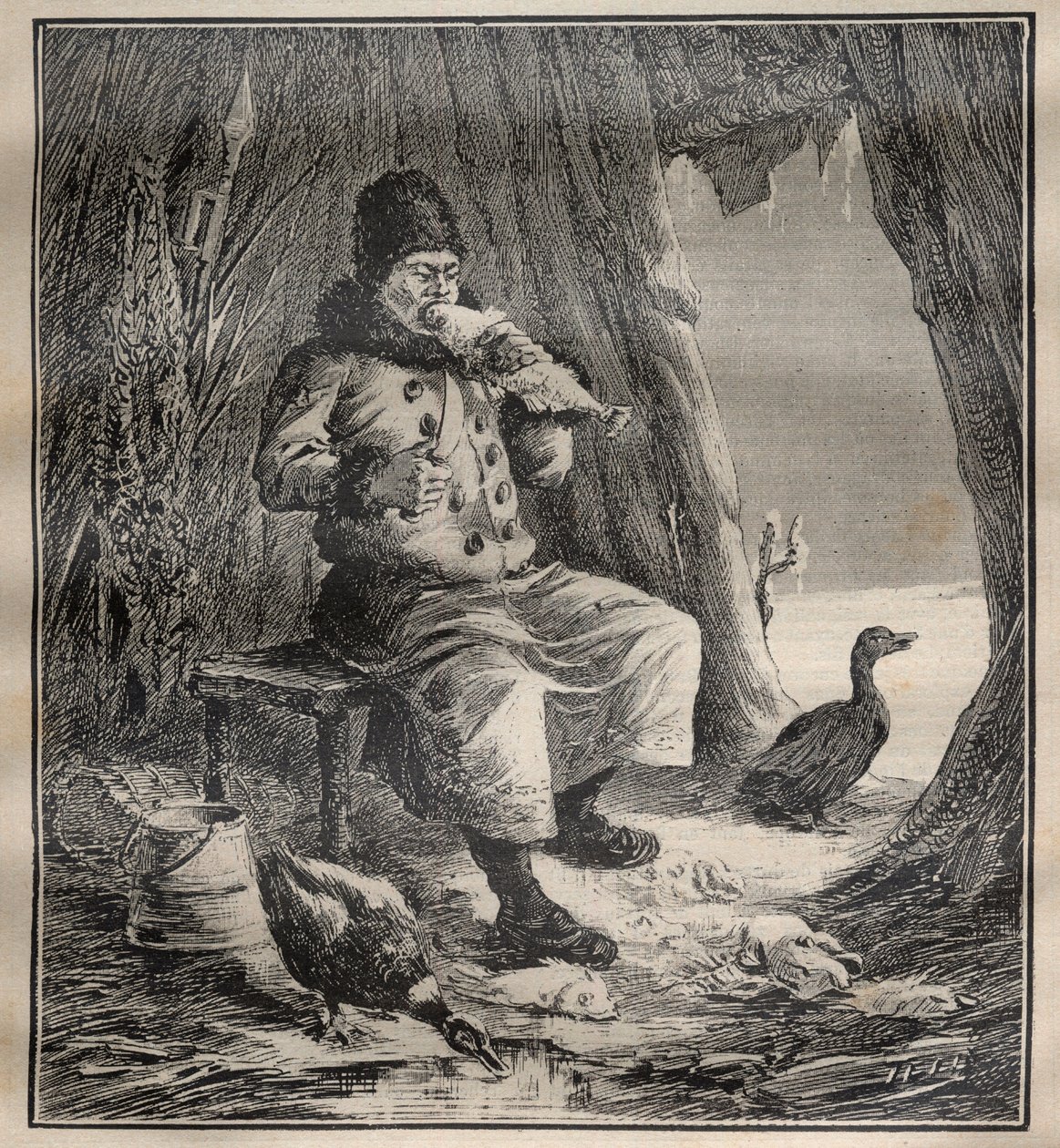 Viagens de Charles Rabot (1856-1944): Ostiak (Khanty ou Khante) da Sibéria comendo peixe - Gravação em "La Science francaise de Unknown artist