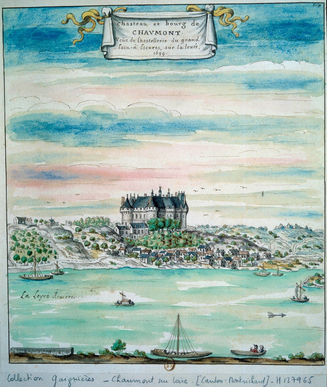 Vista do Chateau de Chaumont sur Loire O Chateau de Chaumont-sur-Loire (Chaumont sur Loire) é um castelo no Loire, Loir-et-Cher (Loir et Cher), Centro, França. Aguarela anónima de 1699 Paris, B.N. de Unknown artist