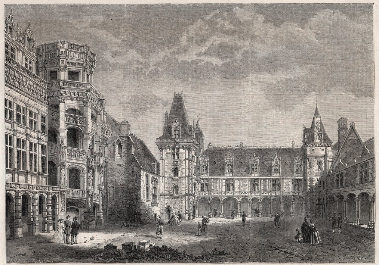 Vista exterior do castelo de Blois com a monumental escadaria - Gravura no "Le Monde Illustrie de Unknown artist