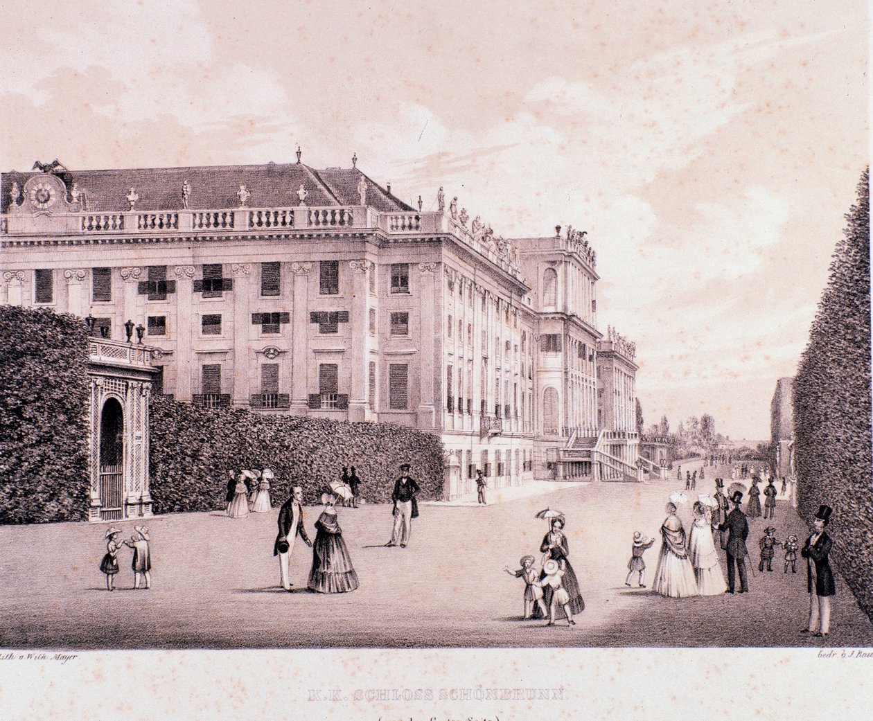 Caminhantes no parque do Palácio Schonbrunn (Schoenbrunn) em Viena. Áustria. Estampas do início do século XIX Colecção Privada de Unknown artist