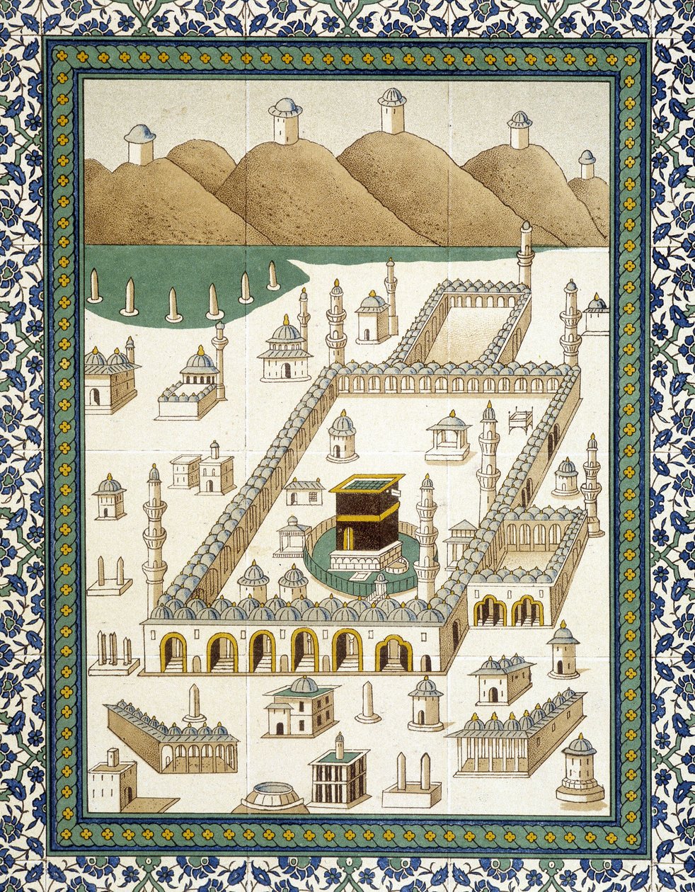 Faianças murais: painel representando o Kasbah (casbah) e seus arredores (Meca) - em "Arte Árabe após os monumentos do Cairo do século VII ao XVIII" de Prisse d
