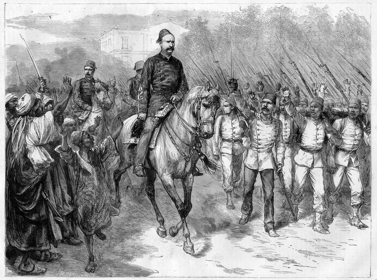 Guerra no Egito - Os emissários de Arabi Pasha recrutando soldados entre as tribos para lutar contra os britânicos - Arabi Pasha (Orabi Pasha, Ahmed Urabi) (1841-1911), e suas tropas em 1882 de Unknown artist