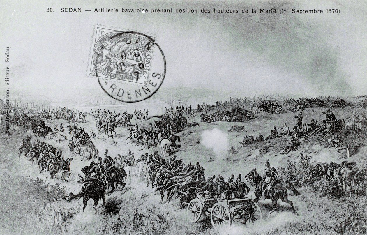 Guerra de 1870: Artilharia bávara tomando posição a partir das alturas do Marfe nas Ardenas em 01/09/1870. Gravura a partir de 1870 de Unknown artist