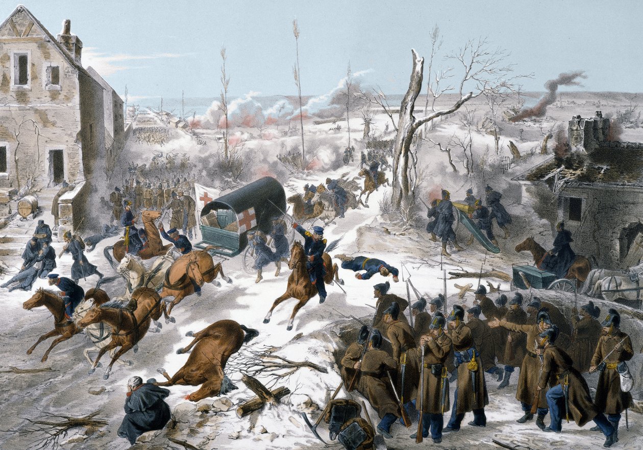 Guerra de 1870 entre a França e a Prússia: Cruz Vermelha durante a Batalha de Bapaume no Pas de Calais em 2 e 3/01/1871 que viu a vitória do exército do Norte liderado pelo General Faidherbe contra os prussianos de Unknown artist