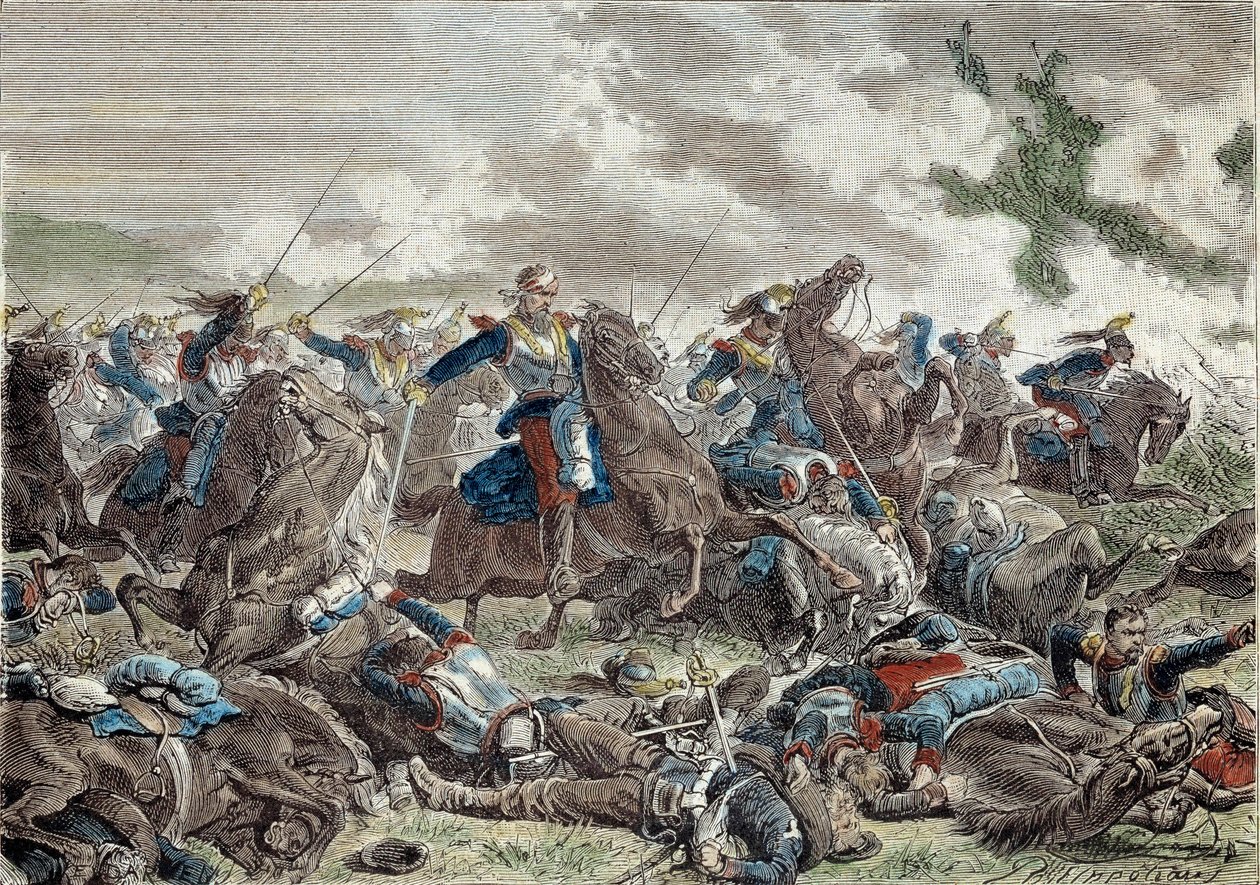 Guerra de 1870: a batalha de Froeschwiller Woerth (Froeschwiller-Woerth) (ou batalha de Reichshoffen) em 08-06-1870 que viu a vitória da Alemanha - Gravura do século XIX - Paris, Musee de l