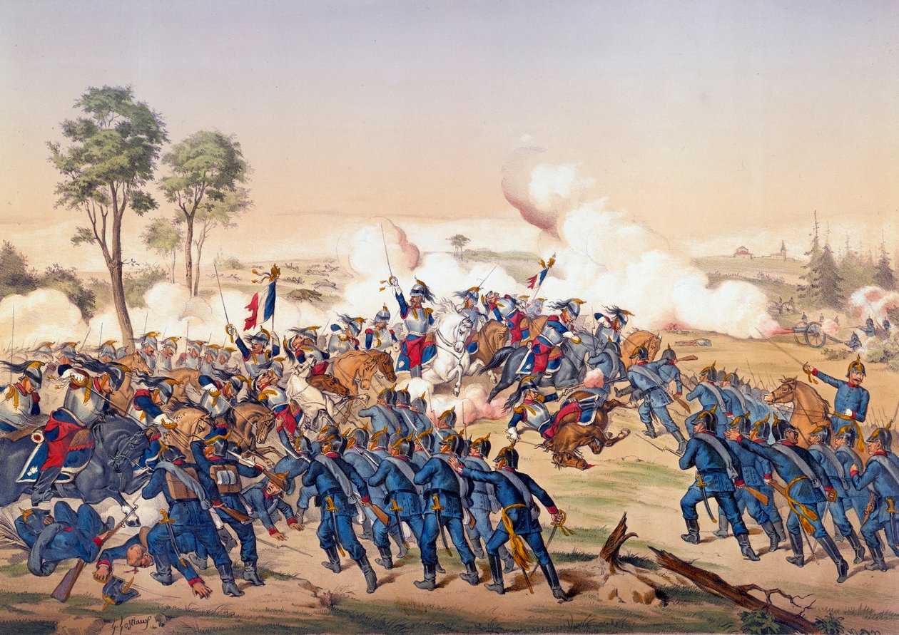 Guerra de 1870: a carga dos navios de guerra na Batalha de Froeschwiller Woerth (Froeschwiller-Woerth) em 06/08/1870 que viu a vitória da Alemanha - Litografia de 1870. Paris, NL de Unknown artist