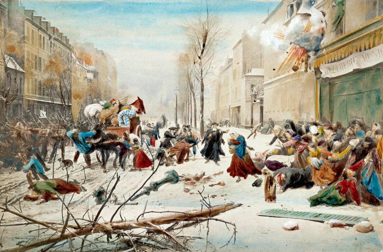 Guerra de 1870: o cerco de Paris em 1870, bombardeamento pelos prussianos. Os habitantes de Paris deixam as áreas bombardeadas sob a neve. A aguarela do século XIX. Paris, Musee de l