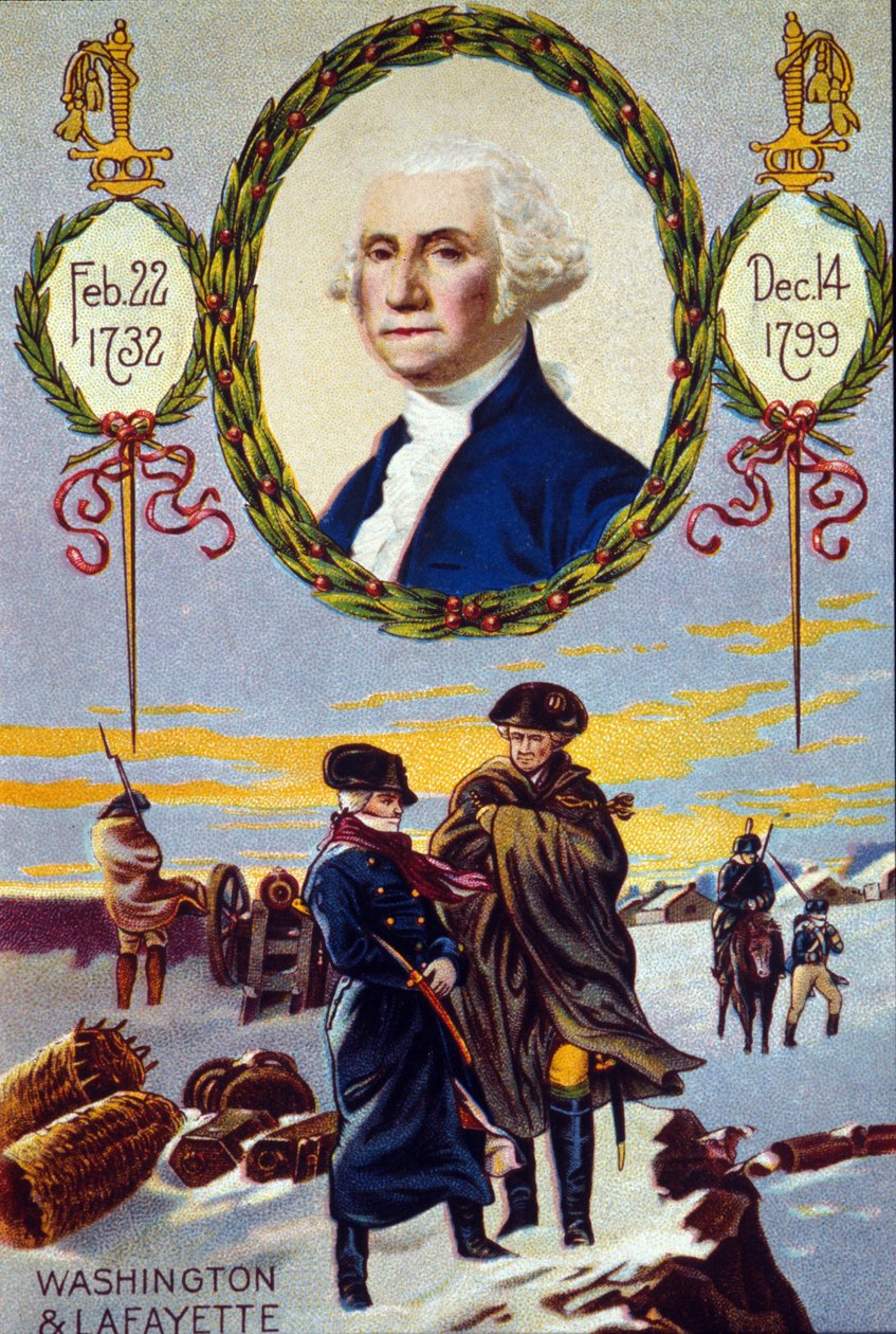 Guerra da Independência dos Estados Unidos: o Marquês de Lafayette (1757-1834) conheceu George Washington (1732-1799) com Valley Forge para ajudá-lo em 1777. chromolithographof the 19th century de Unknown artist