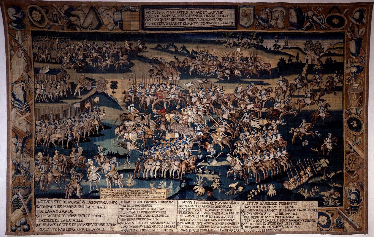Guerra das Religiões: "A Batalha de Jarnac, morte de Luís I de Bourbon, Príncipe de Conde (Bourbon-Conde) (1530-1569)" Opõe-se a 13/03/1569 o exército protestante do Príncipe de Conde ao do Rei de França, comandado pelo Duque de Anjou. Tapeçaria de Unknown artist