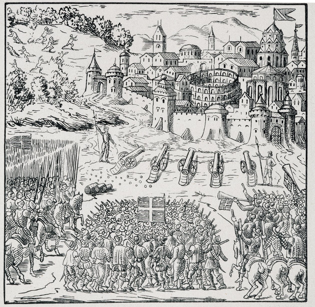 Guerra das Religiões: A cidade de Nîmes sitiada pela Armee do Rei (Henrique III) em 1576 - em "Coleção de 39 figuras representando as calamidades da França de 1562 a 1586", Louis Perrin imprim. de Unknown artist