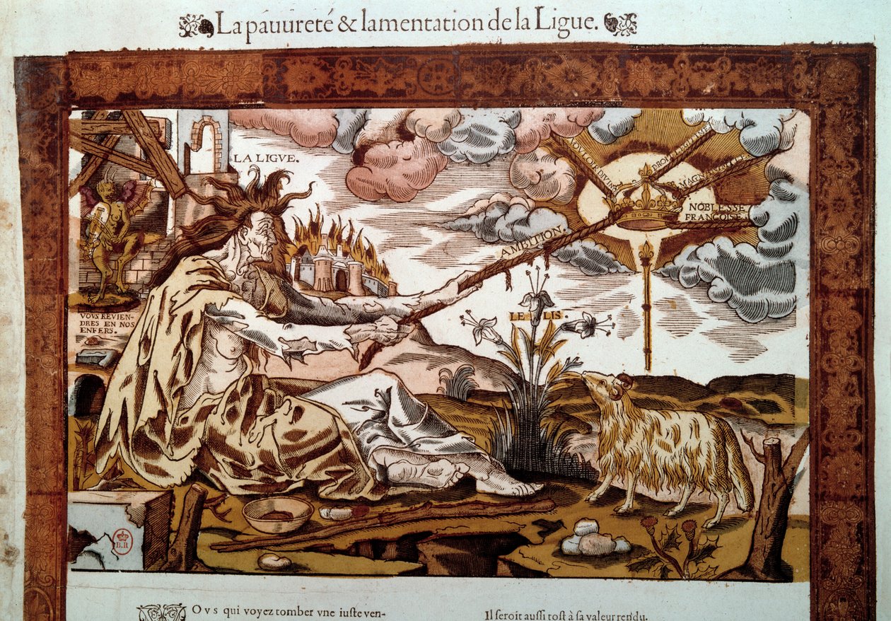 Guerra religiosa: alegoria sobre a pobreza e lamentos da Liga Santa (ou Liga Católica), um movimento católico que visa erradicar o protestantismo da França. A liga é encarnada por um miserável, num deserto, a puxar as cordas da coroa real r de Unknown artist