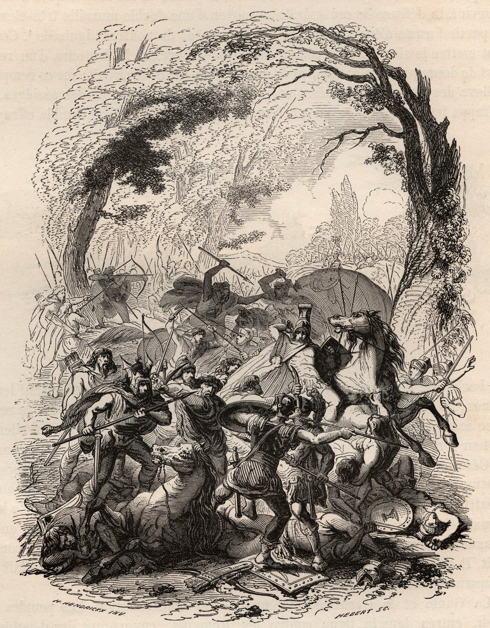 Guerra dos Gauleses: Batalha de Aduatuca entre o povo belga dos Eburons e o exército romano. Derrotou Quintus Titurius Sabinus e Lucius Aurunculeius Cotta em 54 AC. Gravura de 1868 no "Histoire de Belgique" desde os tempos primitivos até ao fim do de Unknown artist